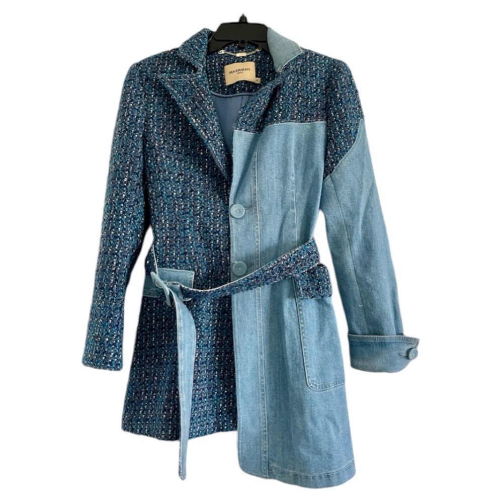 MAXRIENY Gold Women's Blue Denim and Tweed Belted & Pocketed Trench Coat-Size S
